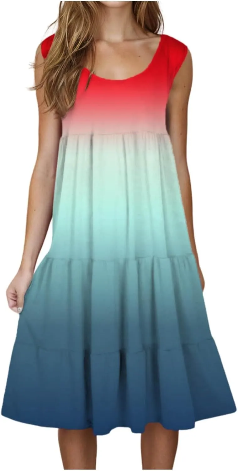 Women Plus Size Tank Dress Sleeveless Crew Neck Pleated Beach Mini Dresses Ruffle Tiered Flowy Summer Sundresses