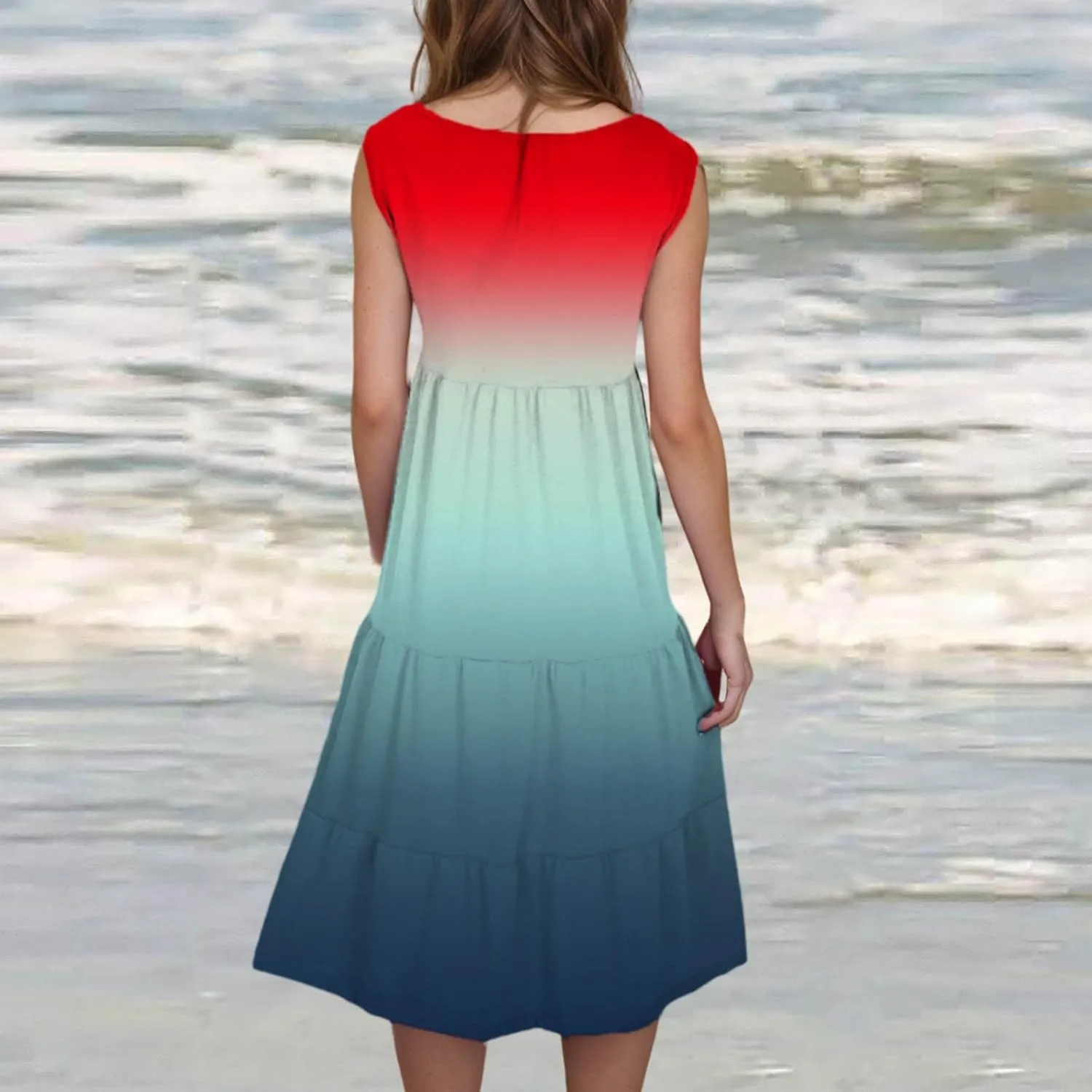 Women Plus Size Tank Dress Sleeveless Crew Neck Pleated Beach Mini Dresses Ruffle Tiered Flowy Summer Sundresses