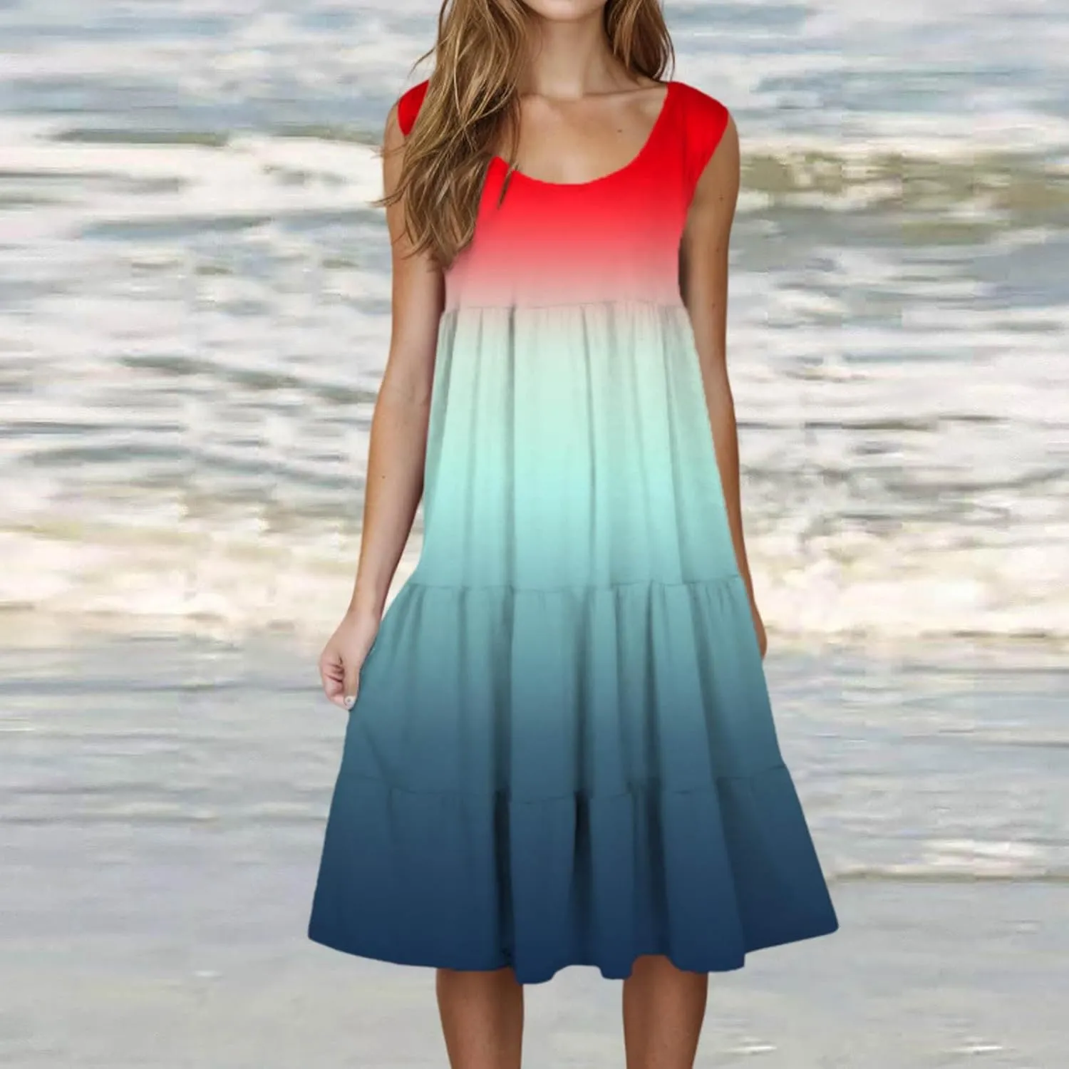 Women Plus Size Tank Dress Sleeveless Crew Neck Pleated Beach Mini Dresses Ruffle Tiered Flowy Summer Sundresses