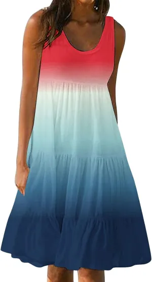Women Plus Size Tank Dress Sleeveless Crew Neck Pleated Beach Mini Dresses Ruffle Tiered Flowy Summer Sundresses