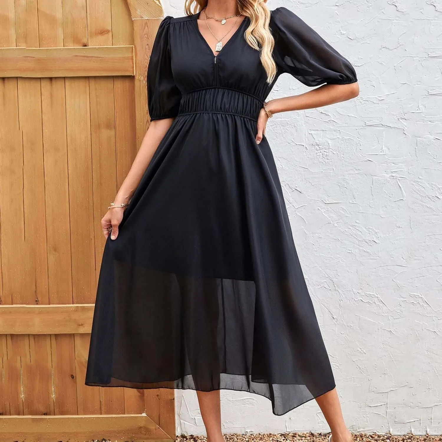 Women Puff Short Sleeve Chiffon Dress 2025 Summer V Neck Swing Boho Midi Dress Smocked Waist A Line Beach Sundress