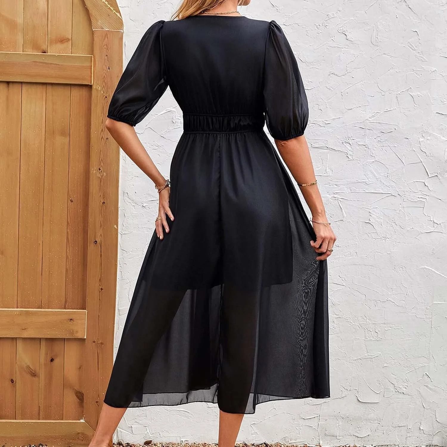 Women Puff Short Sleeve Chiffon Dress 2025 Summer V Neck Swing Boho Midi Dress Smocked Waist A Line Beach Sundress