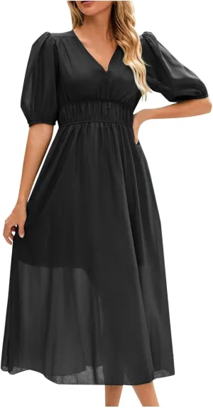 Women Puff Short Sleeve Chiffon Dress 2025 Summer V Neck Swing Boho Midi Dress Smocked Waist A Line Beach Sundress