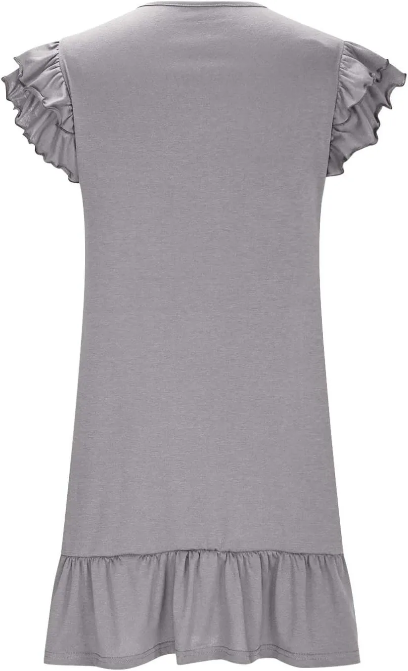 Women Ruffle Trim Mini Dress Dressy Casual V Neck T Shirt Dresses Summer Trendy Beach Sundress Pleated