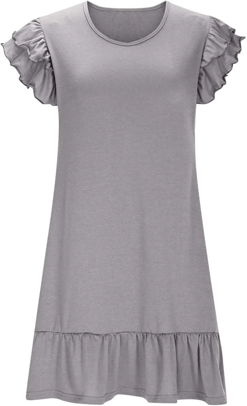 Women Ruffle Trim Mini Dress Dressy Casual V Neck T Shirt Dresses Summer Trendy Beach Sundress Pleated