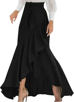Women Ruffle Wrap Skirt Tie Waist Boho High Low Asymmetrical Maxi Beach Skirt Fishtail Long Casual Loose Flowy Skirt