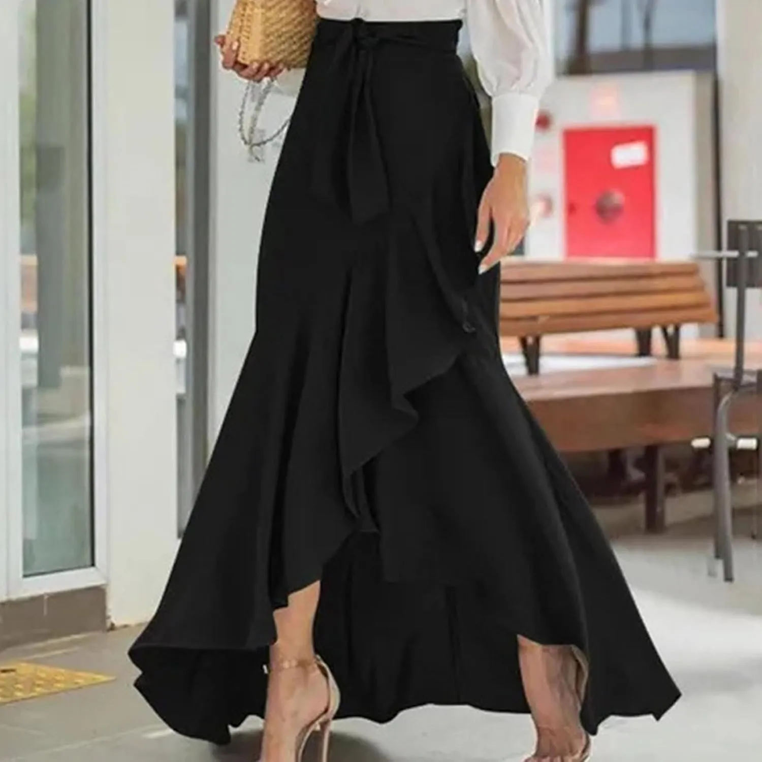 Women Ruffle Wrap Skirt Tie Waist Boho High Low Asymmetrical Maxi Beach Skirt Fishtail Long Casual Loose Flowy Skirt