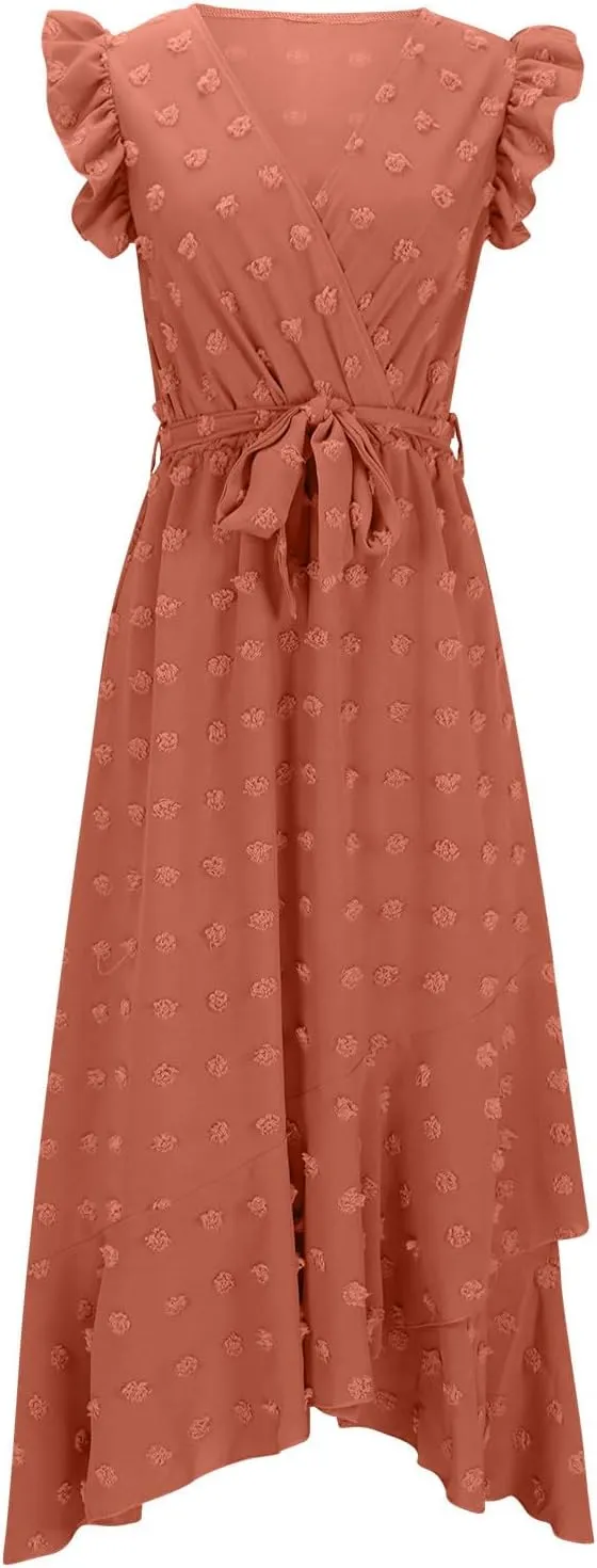 Women Summer 2024 Ruffle Cap Sleeve Wrap V Neck Belted Dress Irregular Ruffle Slit Swiss Dot Casual Beach Maxi Dresses