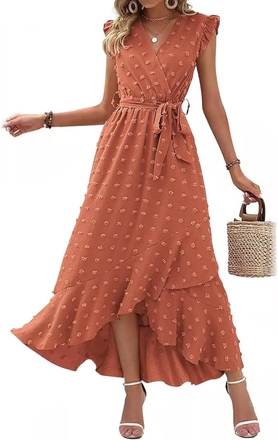 Women Summer 2024 Ruffle Cap Sleeve Wrap V Neck Belted Dress Irregular Ruffle Slit Swiss Dot Casual Beach Maxi Dresses