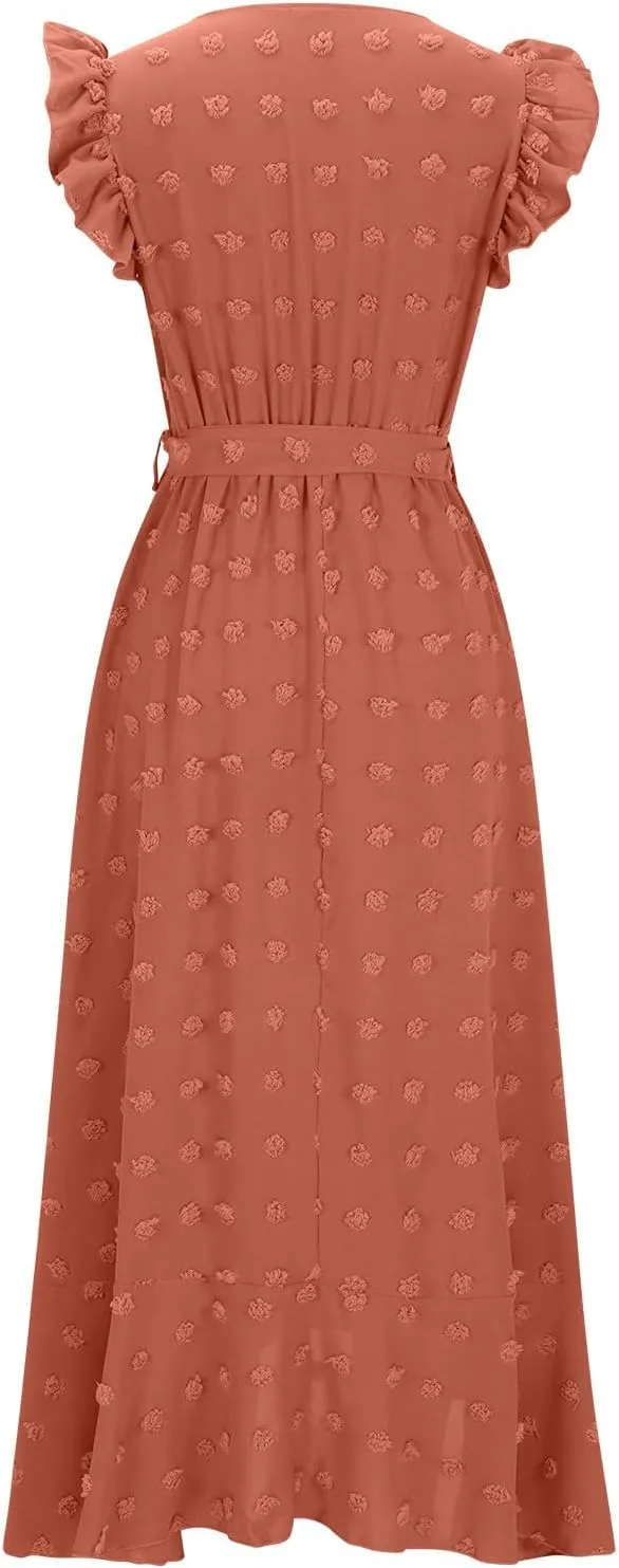 Women Summer 2024 Ruffle Cap Sleeve Wrap V Neck Belted Dress Irregular Ruffle Slit Swiss Dot Casual Beach Maxi Dresses