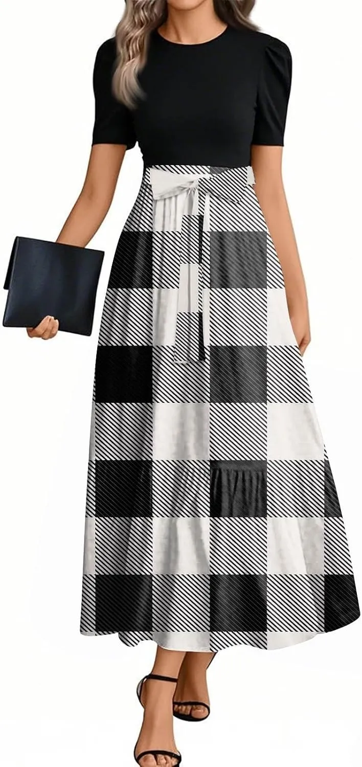Women Summer 2025 Maxi Dress Vacation Floral Printed Belted Boho Casual Dresses Beach Long Flowy Vacation Sun Dress