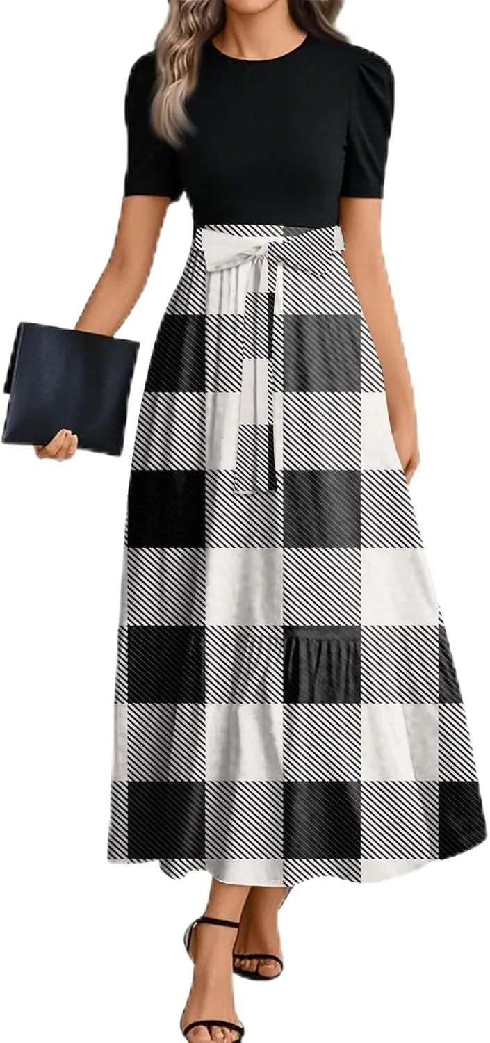 Women Summer 2025 Maxi Dress Vacation Floral Printed Belted Boho Casual Dresses Beach Long Flowy Vacation Sun Dress