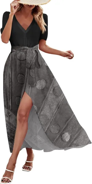 Women Summer 2025 Maxi Dress Vacation Floral Short Sleeve Casual Boho High Split Beach Cover Ups Long Flowy Sundress