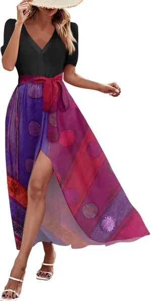 Women Summer 2025 Maxi Dress Vacation Floral Short Sleeve Casual Boho High Split Beach Cover Ups Long Flowy Sundress