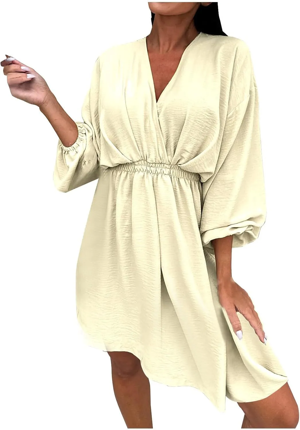 Women Summer Beach Dresses Sexy V Neck Lantern Sleeve Flowy Swing Dress Elastic High Waist Smocked Boho Mini Dress