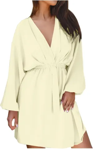 Women Summer Beach Dresses Sexy V Neck Lantern Sleeve Flowy Swing Dress Elastic High Waist Smocked Boho Mini Dress