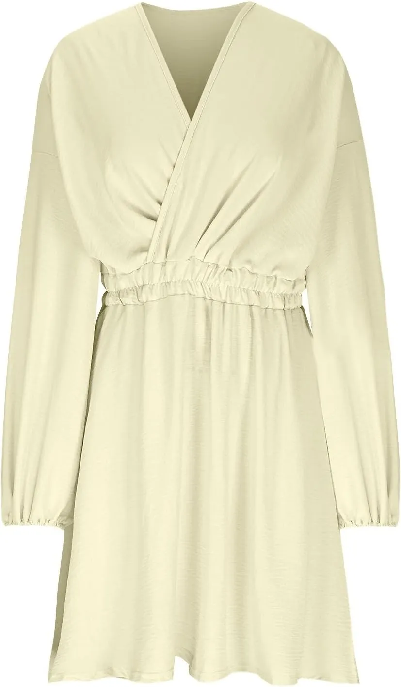 Women Summer Beach Dresses Sexy V Neck Lantern Sleeve Flowy Swing Dress Elastic High Waist Smocked Boho Mini Dress