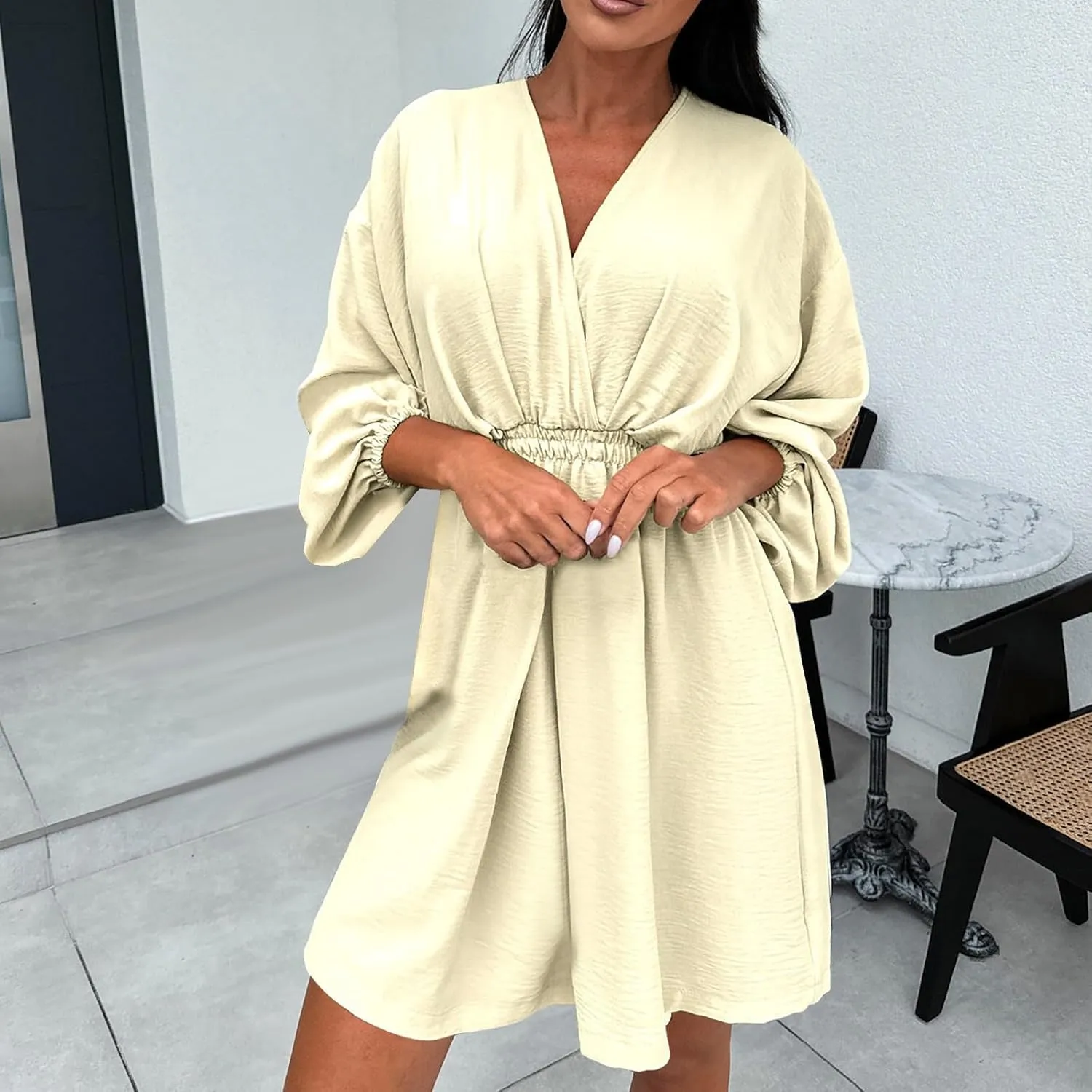 Women Summer Beach Dresses Sexy V Neck Lantern Sleeve Flowy Swing Dress Elastic High Waist Smocked Boho Mini Dress