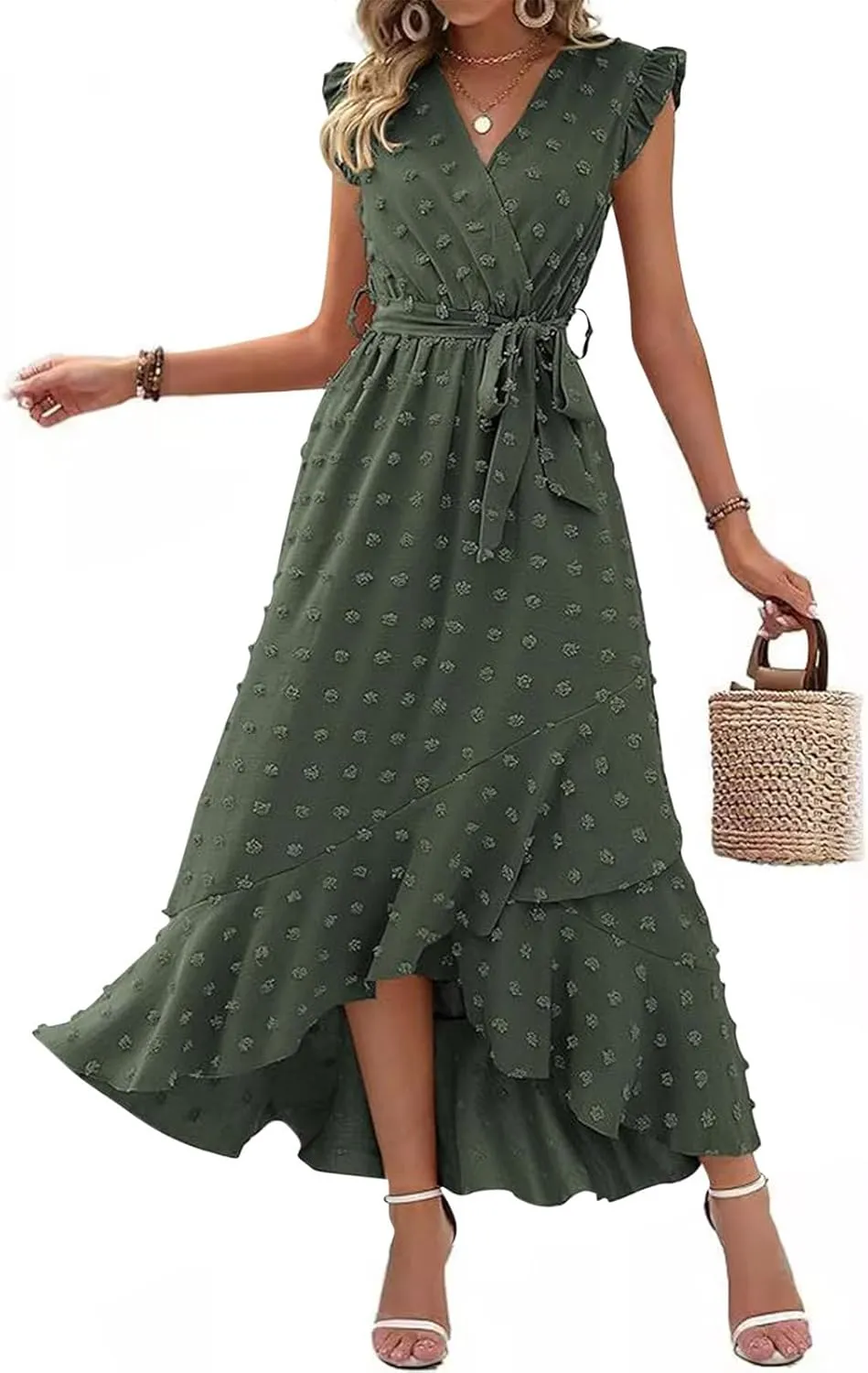 Women Summer Casual Dresses Wrap V Neck Ruffle Sleeveless Split Hem Flowy Midi Dress with Belt Swiss Polka Dot