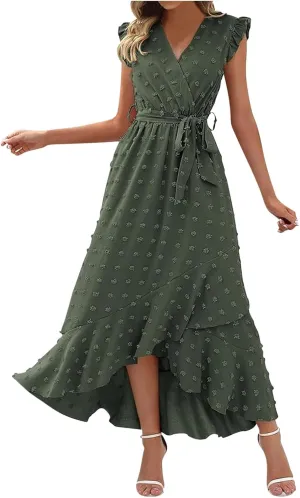 Women Summer Casual Dresses Wrap V Neck Ruffle Sleeveless Split Hem Flowy Midi Dress with Belt Swiss Polka Dot