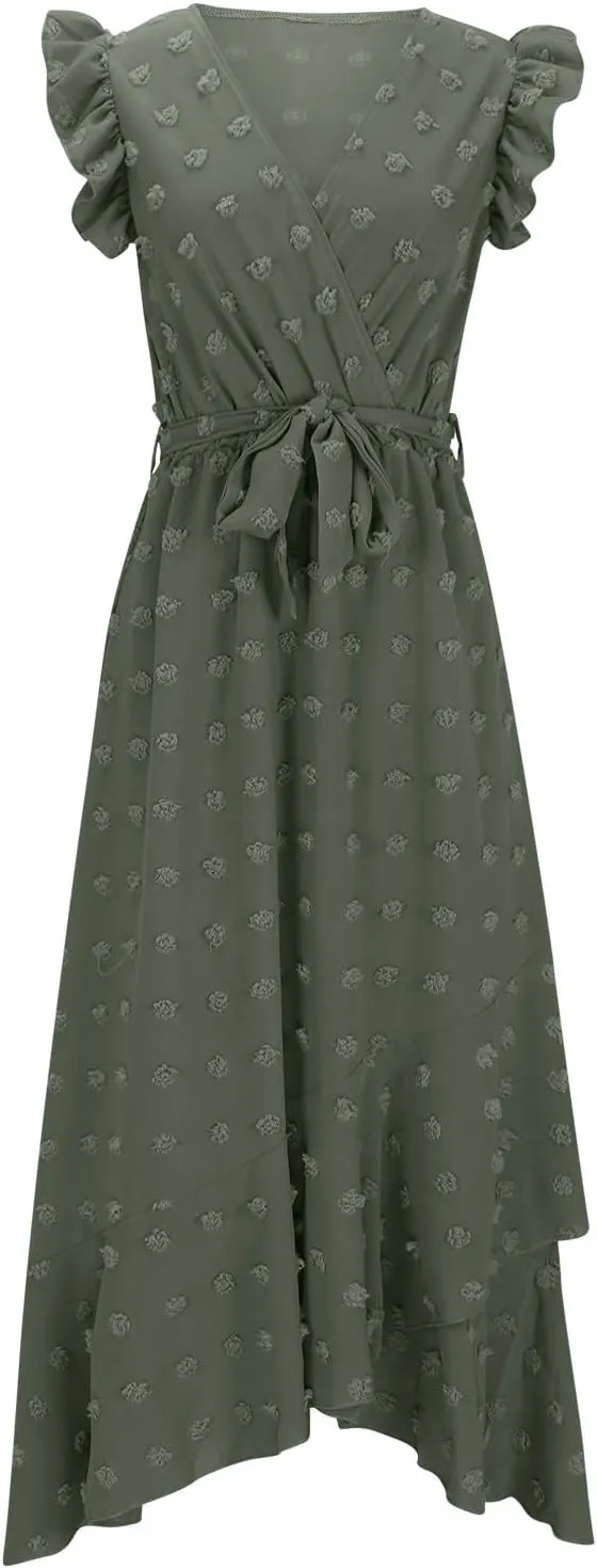 Women Summer Casual Dresses Wrap V Neck Ruffle Sleeveless Split Hem Flowy Midi Dress with Belt Swiss Polka Dot