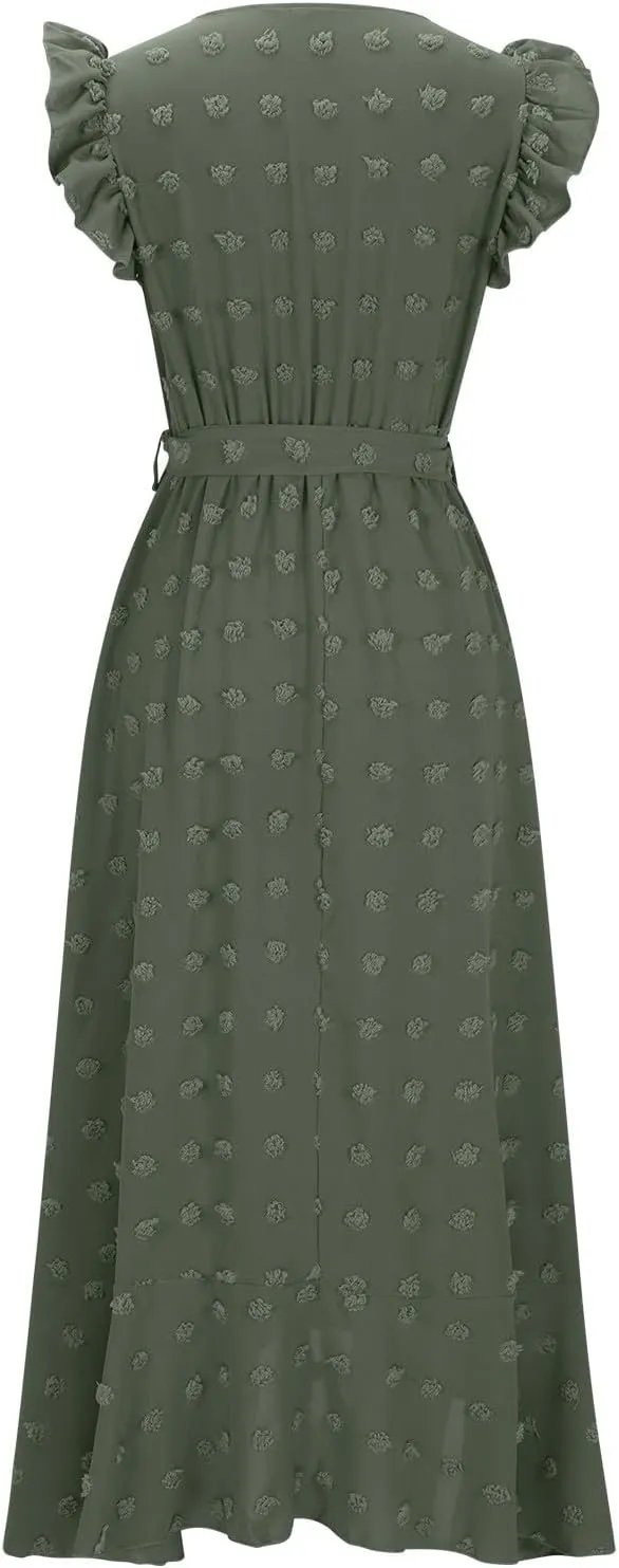 Women Summer Casual Dresses Wrap V Neck Ruffle Sleeveless Split Hem Flowy Midi Dress with Belt Swiss Polka Dot