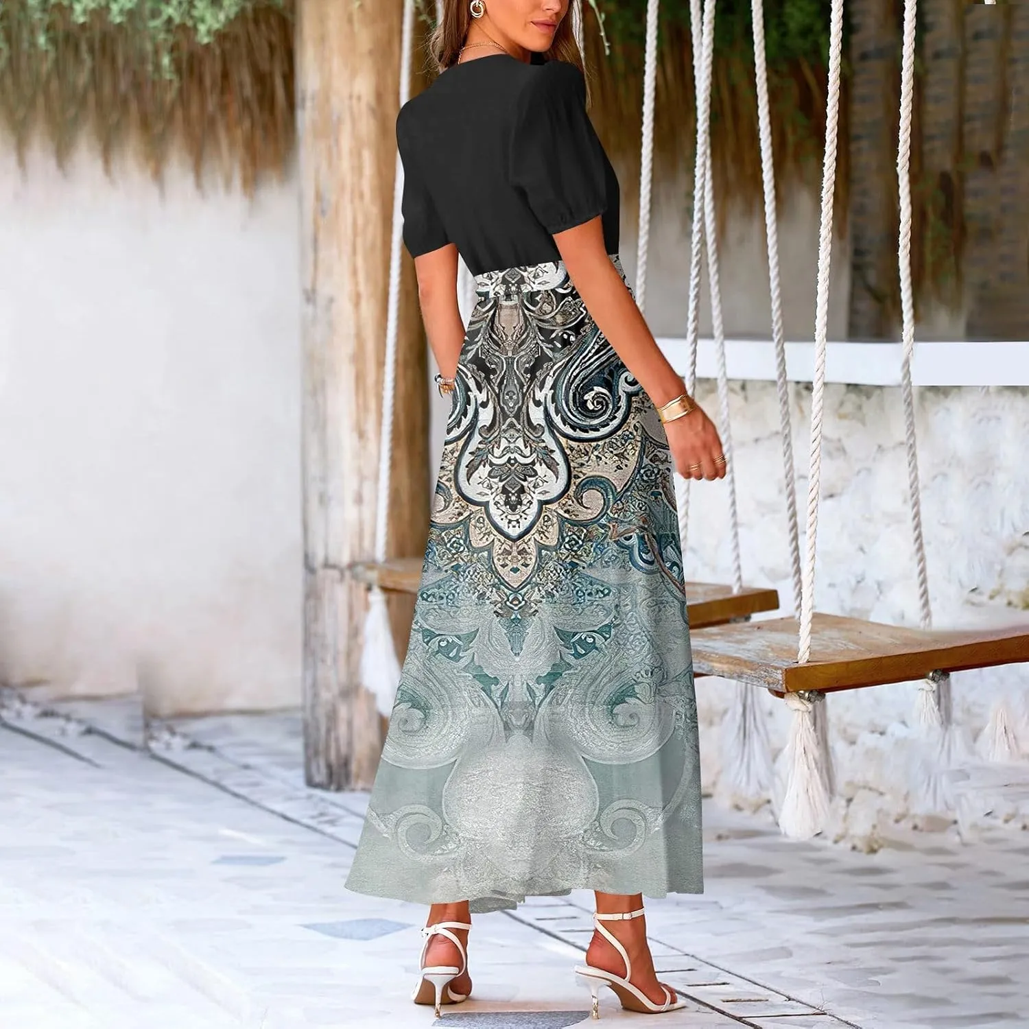 Women Summer Casual Short Sleeve V-Neck Aline Swing Flowy Tiered Shirt Maxi Beach Long Dress 2025 Trendy Outfits