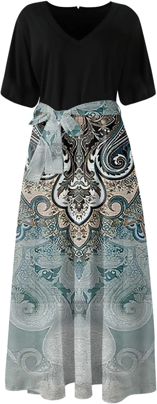 Women Summer Casual Short Sleeve V-Neck Aline Swing Flowy Tiered Shirt Maxi Beach Long Dress 2025 Trendy Outfits