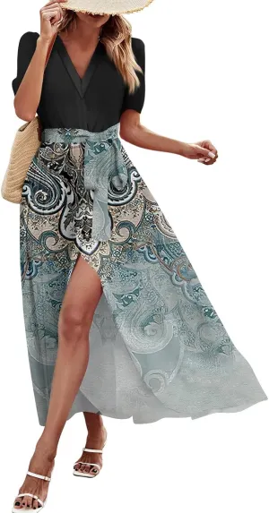 Women Summer Casual Short Sleeve V-Neck Aline Swing Flowy Tiered Shirt Maxi Beach Long Dress 2025 Trendy Outfits