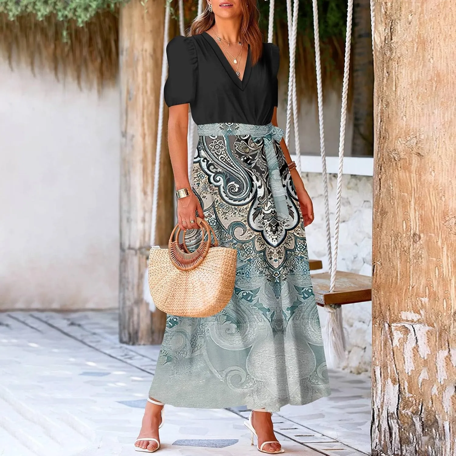 Women Summer Casual Short Sleeve V-Neck Aline Swing Flowy Tiered Shirt Maxi Beach Long Dress 2025 Trendy Outfits