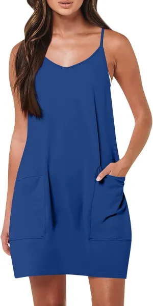 Women Summer Casual Swing T Shirt Dresses Beach Cover up Plain Tank Dress with Pockets