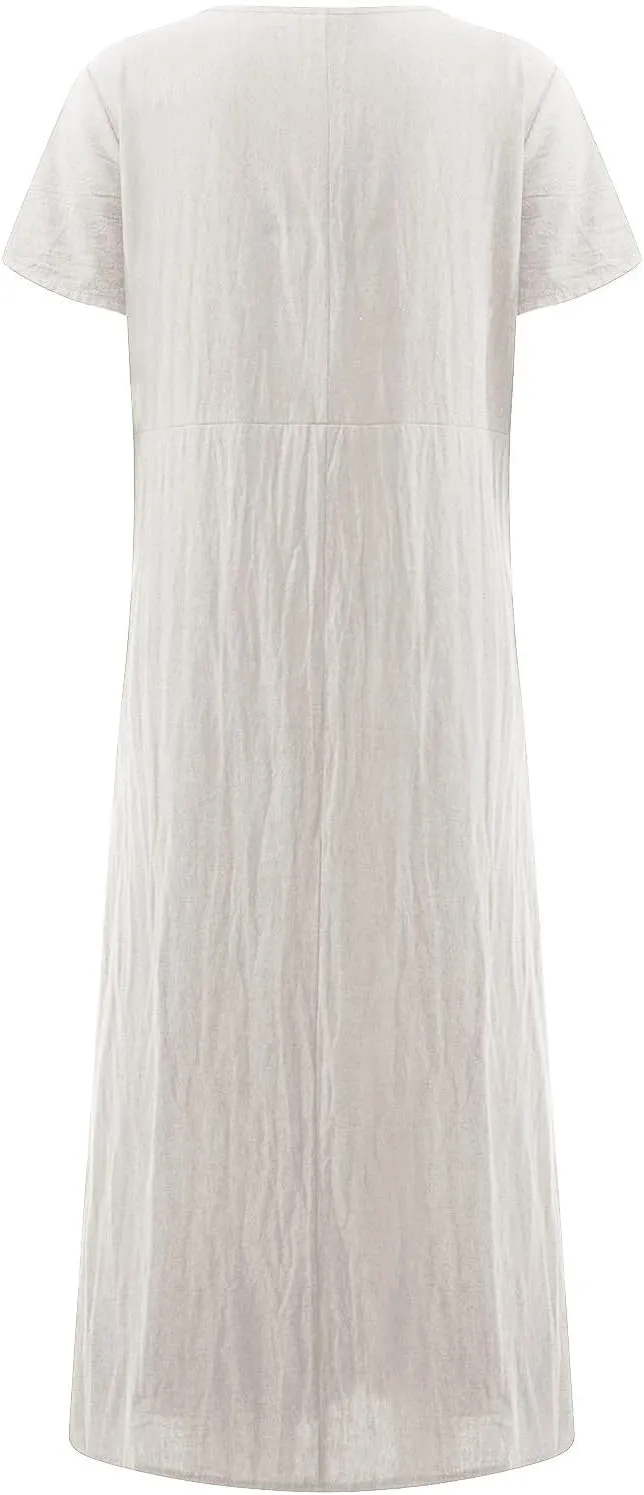 Women Summer Dress Cotton Linen Crewneck Short Sleeve Tunic Curvy Casual Plain Beach Vacation Plus Size Midi Sundress