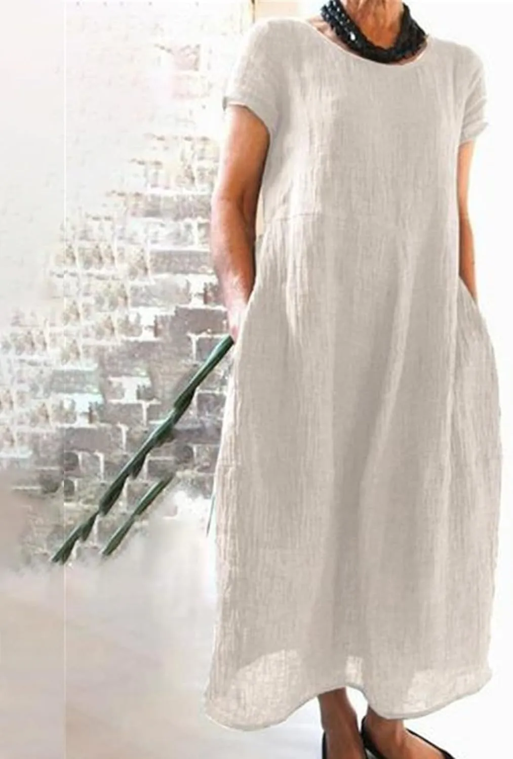 Women Summer Dress Cotton Linen Crewneck Short Sleeve Tunic Curvy Casual Plain Beach Vacation Plus Size Midi Sundress