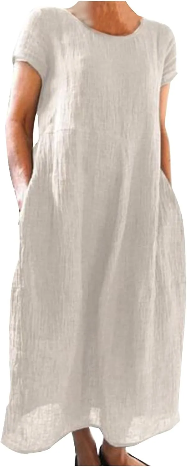 Women Summer Dress Cotton Linen Crewneck Short Sleeve Tunic Curvy Casual Plain Beach Vacation Plus Size Midi Sundress