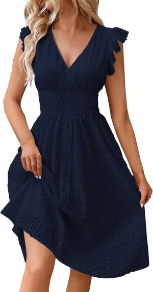 Women Summer Dresses Cap Sleeve Babydoll Eyelet Ruffle V Neck Mini Dress Plus Size Casual Loose Sundress with Pockets