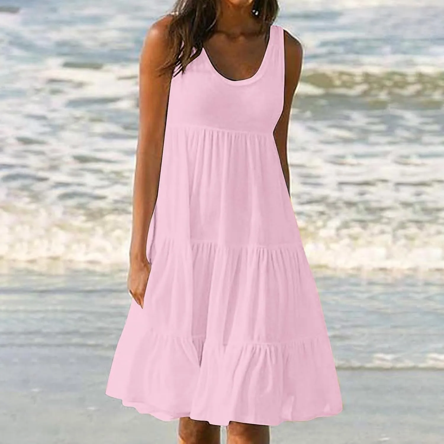 Women Summer Dresses Plus Size Casual Sleeveless Boho Midi Dress Crewneck Ruffle Tiered Swing Beach Vacation Dress