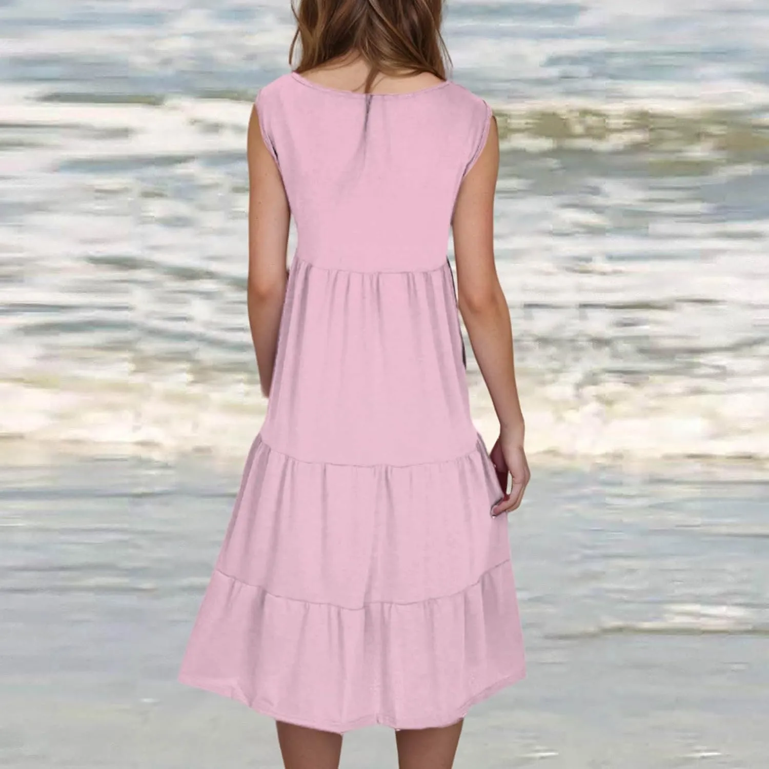 Women Summer Dresses Plus Size Casual Sleeveless Boho Midi Dress Crewneck Ruffle Tiered Swing Beach Vacation Dress