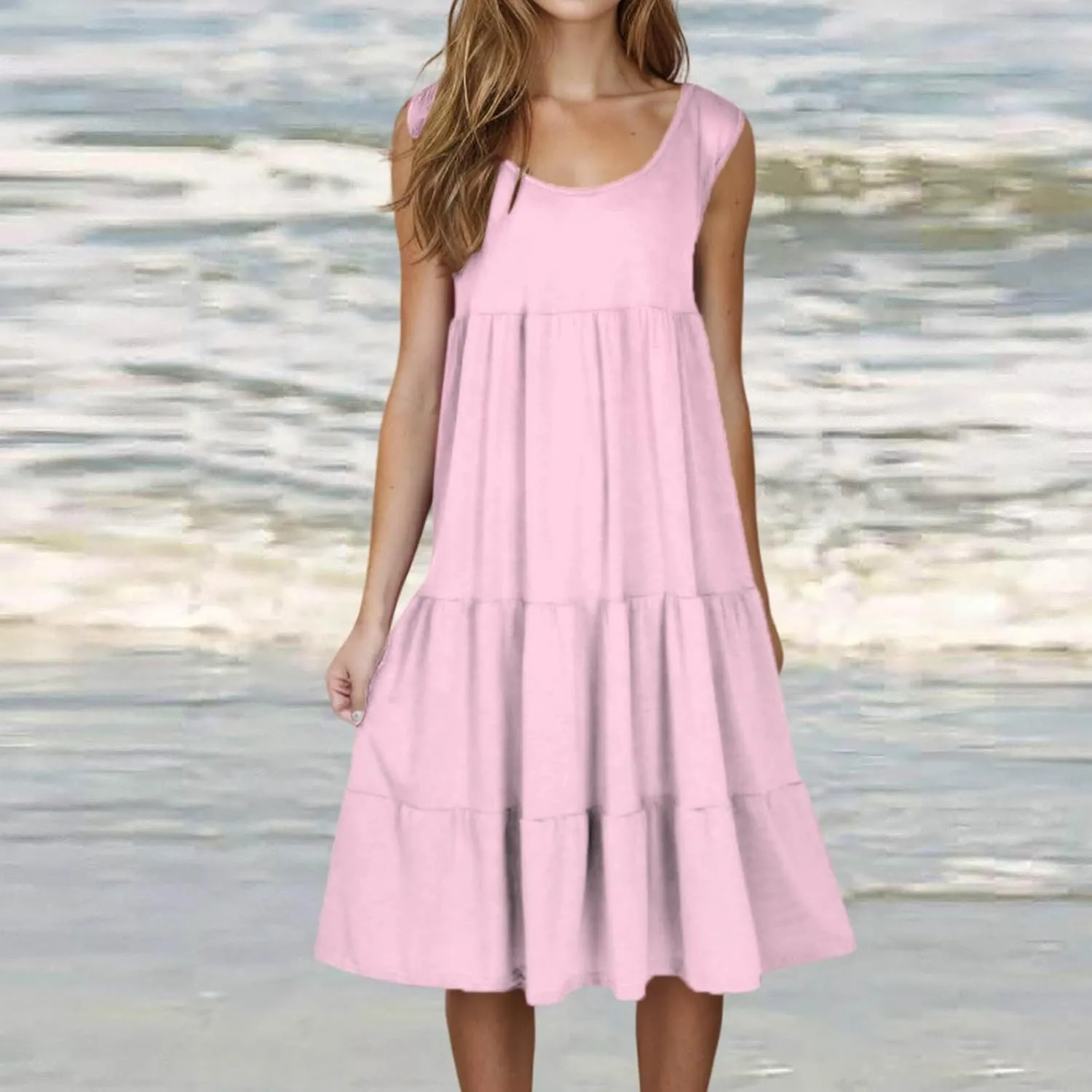 Women Summer Dresses Plus Size Casual Sleeveless Boho Midi Dress Crewneck Ruffle Tiered Swing Beach Vacation Dress