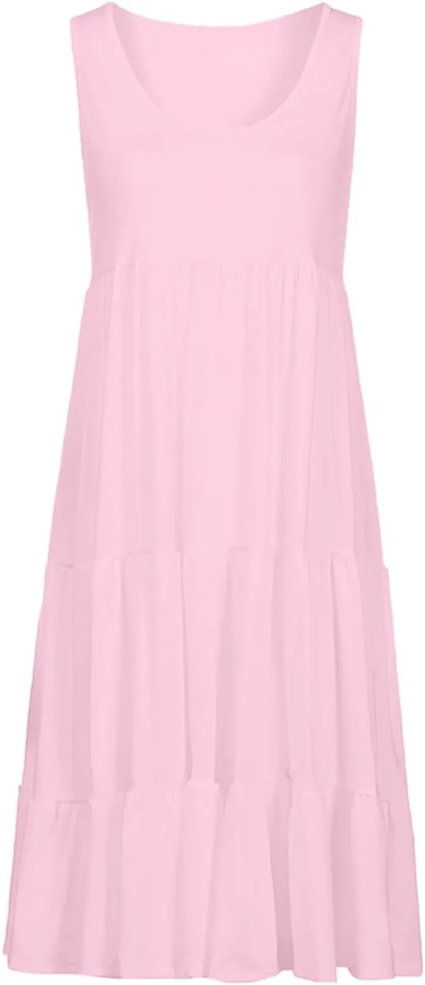 Women Summer Dresses Plus Size Casual Sleeveless Boho Midi Dress Crewneck Ruffle Tiered Swing Beach Vacation Dress