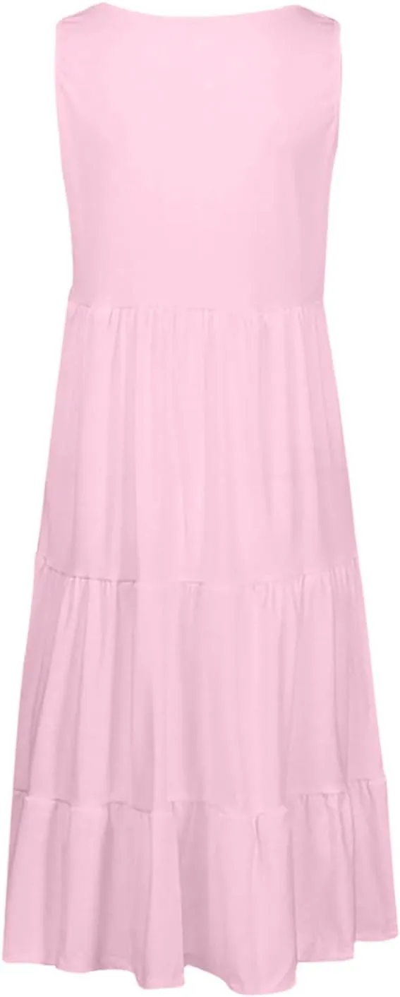 Women Summer Dresses Plus Size Casual Sleeveless Boho Midi Dress Crewneck Ruffle Tiered Swing Beach Vacation Dress