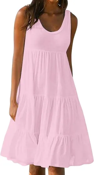 Women Summer Dresses Plus Size Casual Sleeveless Boho Midi Dress Crewneck Ruffle Tiered Swing Beach Vacation Dress
