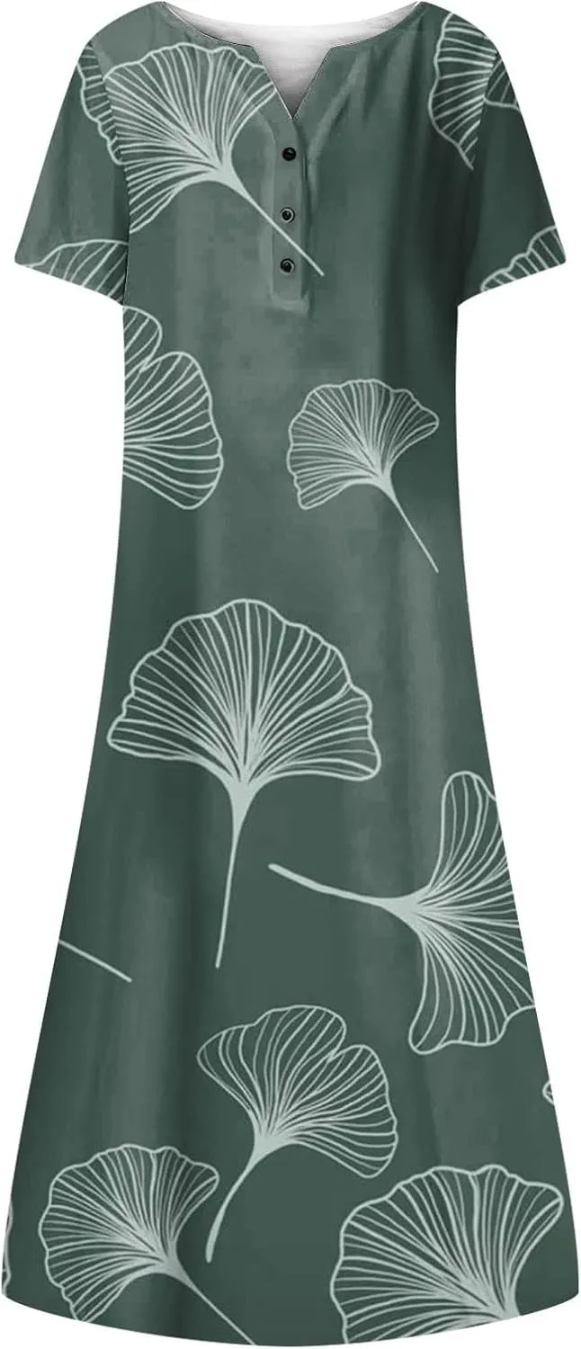 Women Summer Maxi Dress Short Sleeve Swing Casual Floral Baggy Vacation Long Beach Sundress Outfits