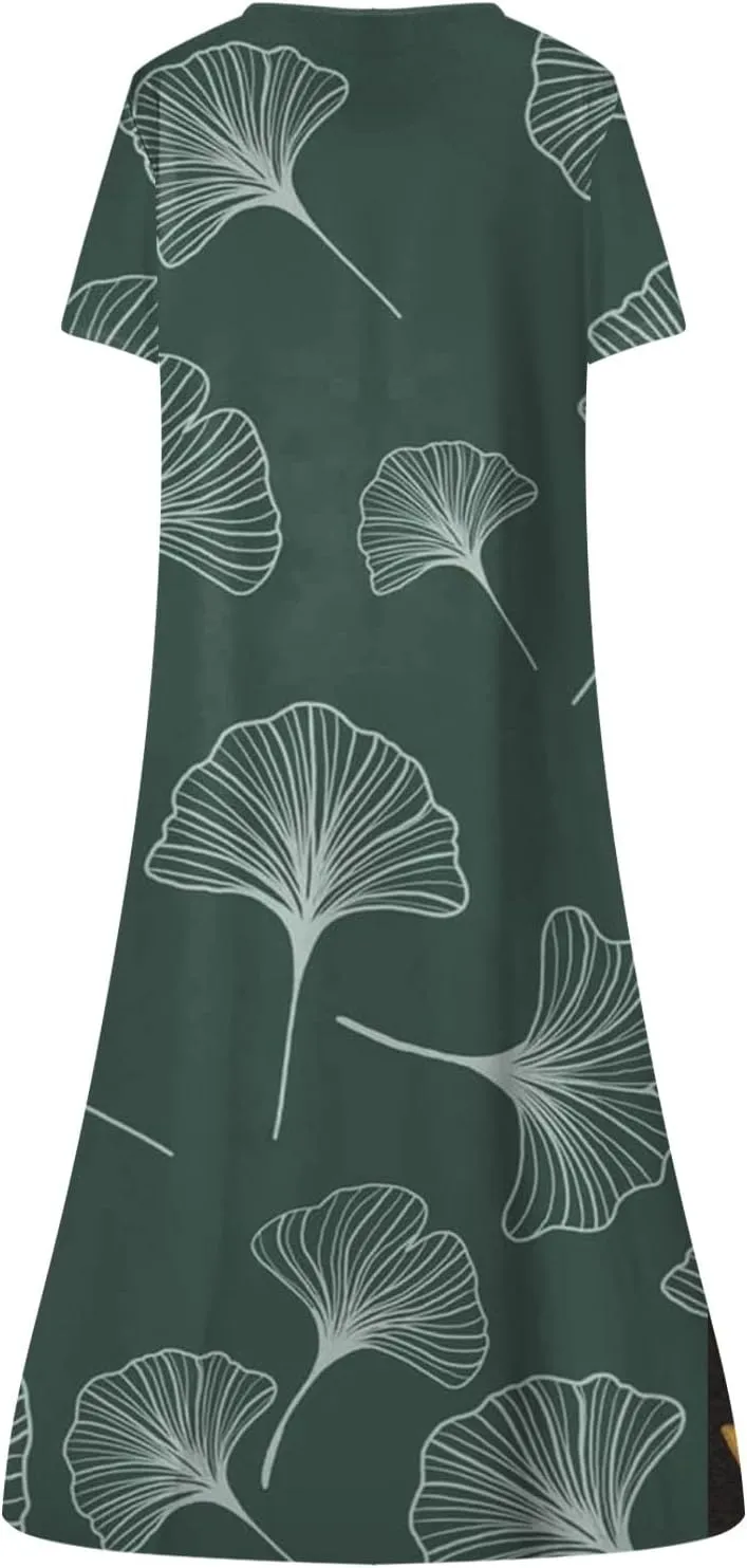 Women Summer Maxi Dress Short Sleeve Swing Casual Floral Baggy Vacation Long Beach Sundress Outfits