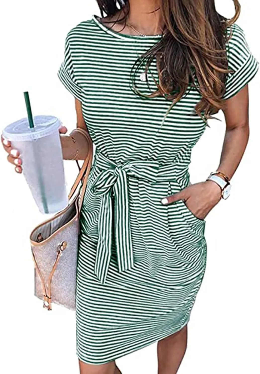 Women Summer Striped T Shirt Dress Short Sleeve Crewneck Tie Waist Midi Dress Casual Vacation Beach Sundress with Pockets