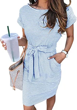 Women Summer Striped T Shirt Dress Short Sleeve Crewneck Tie Waist Midi Dress Casual Vacation Beach Sundress with Pockets