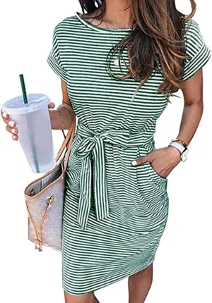 Women Summer Striped T Shirt Dress Short Sleeve Crewneck Tie Waist Midi Dress Casual Vacation Beach Sundress with Pockets
