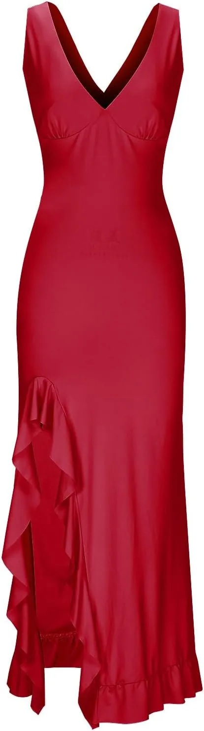 Women Summer Trendy Maxi Dresses Sleeveless Fit Flare Dress Hide Tummy Wrap V-Neck Ruffle Mesh Hem Long Sundress Elegant