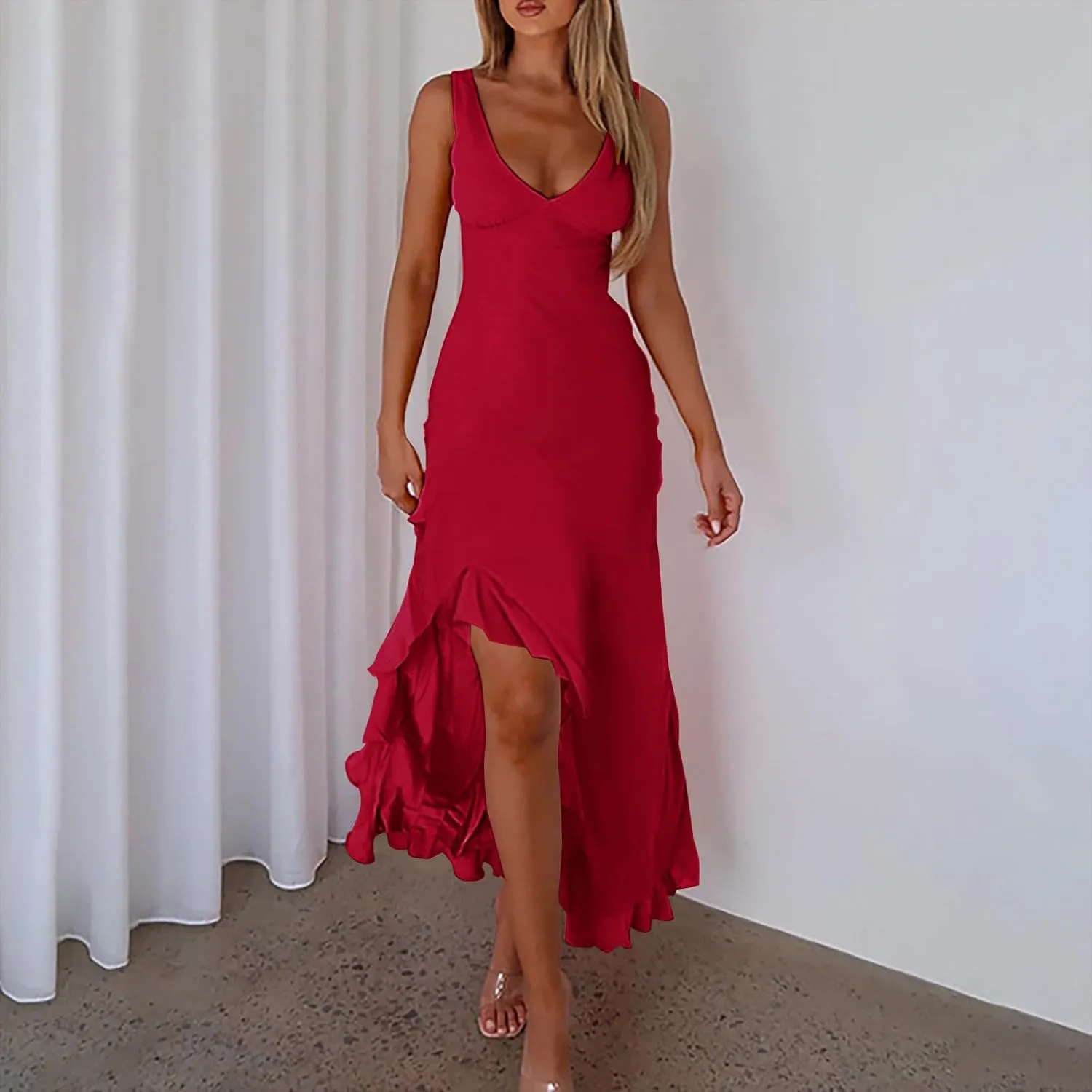 Women Summer Trendy Maxi Dresses Sleeveless Fit Flare Dress Hide Tummy Wrap V-Neck Ruffle Mesh Hem Long Sundress Elegant