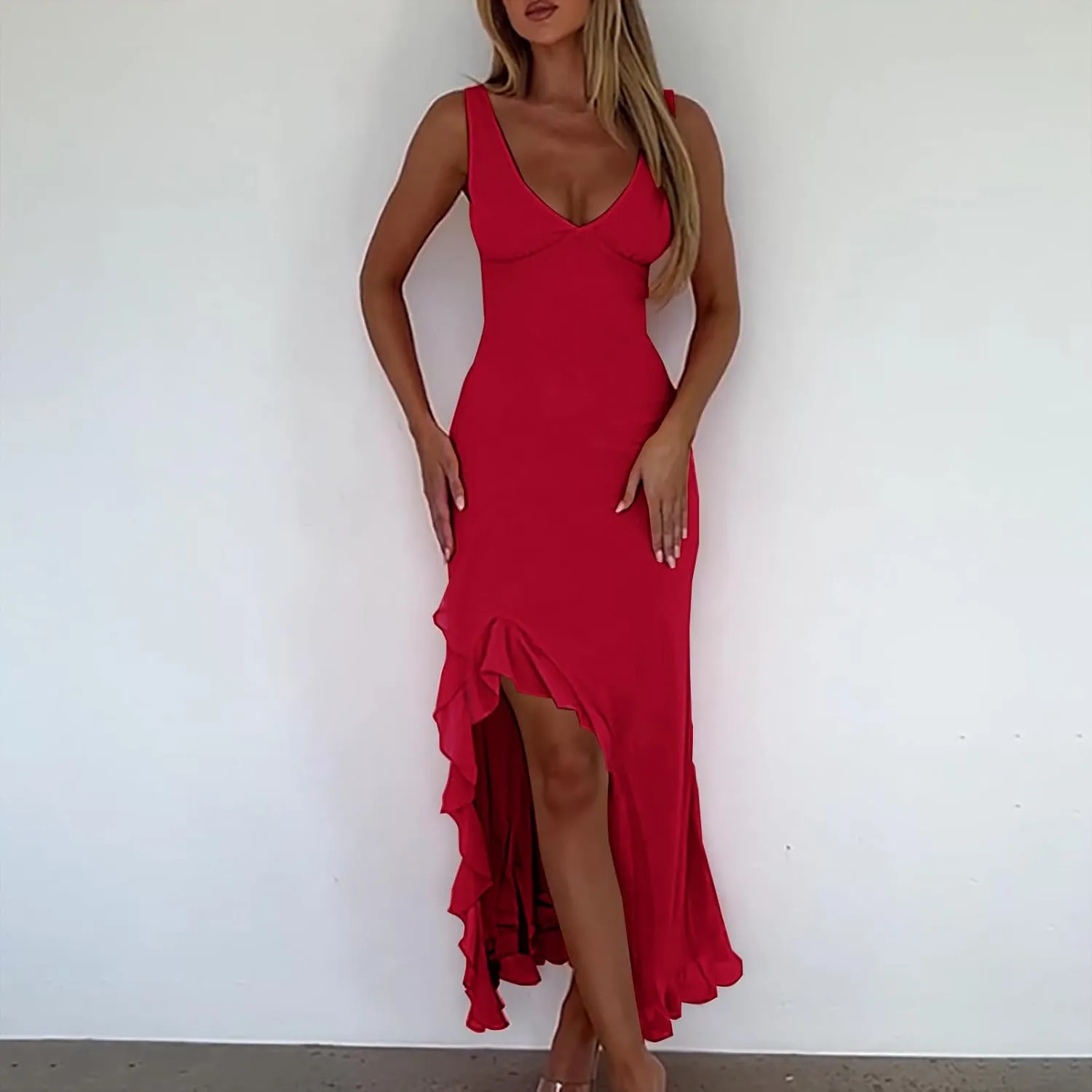 Women Summer Trendy Maxi Dresses Sleeveless Fit Flare Dress Hide Tummy Wrap V-Neck Ruffle Mesh Hem Long Sundress Elegant