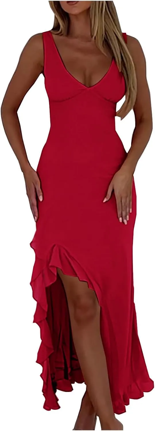 Women Summer Trendy Maxi Dresses Sleeveless Fit Flare Dress Hide Tummy Wrap V-Neck Ruffle Mesh Hem Long Sundress Elegant